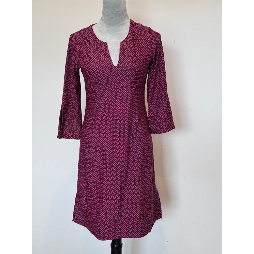 Jude Connally Pink Navy Geometric Split Neck Shift Dress 3/4 Sleeve XS